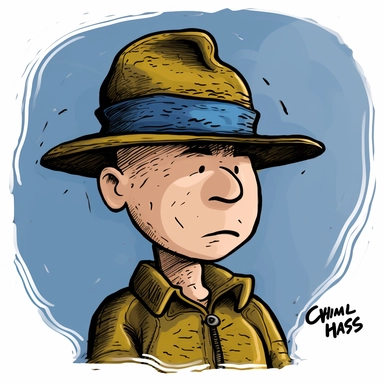 clipart charlie brown character wearing a blue fedora, in the style of desertpunk, creative commons attribution, the vancouver school, brooding mood, #vfxfriday, the new fauves, yellow and brown