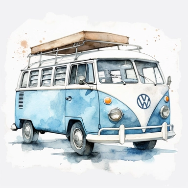 vw caravan car clipart, pastel baby blue color, watercolor design, hd