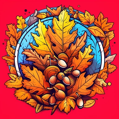 a vibrant scalable vector clipart composition showcasing a collection of colorful fall leaves intertwined with acorns capturing the essence of autumn's beauty Sticker design, vector, vivid colors, detailed, high quality 8k. Extremely detailed, high-quality, die-cut, clean shading and simple, flat colors, clean and clear linework, thin linework, clear outline, White background