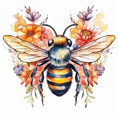 Honeybee floral clipart watercolor, bright colors Watercolor style, Illustration clipart, 8k, extremely detailed