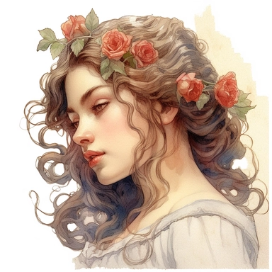 watercolor clipart Highly detailed portrait, 2/3 profile, linen canvas, roses, pencil line drawing with coloured ink wash, happy mediterranean girl, character study, detailed character design, perfectly centered, renaissance, medieval, lush curls, sharp focus, high definition, soft diffuse lighting, chiraroscuro, 16k, Charlie Bowater, John William Waterhouse, Krzysztof Lukasiewicz, gold details,--ar 2:3