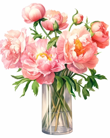 vibrant watercolor bouquet of pink peony flowers on a glass vase with water, isolated on white background, realistic, clipart