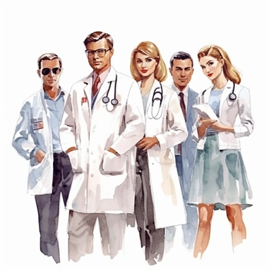 Watercolor clipart, artistic, white background, wide margins, 16k, rich contrast, hand-drawn, lively. A team of doctor and nurses, in a classic white coat