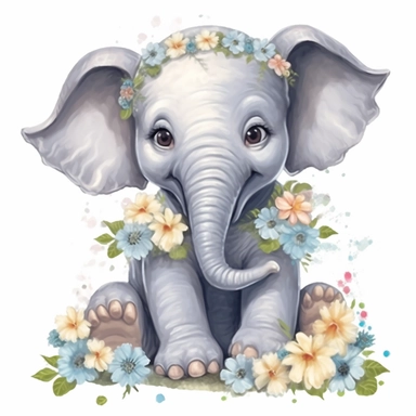 cute baby elephant with a smile on its face and flowers, soft color, HD, cartoon image, on white background Clipart,Cartoon, hyper realistic, intricate detail, illustration style,high solution,on the white background
