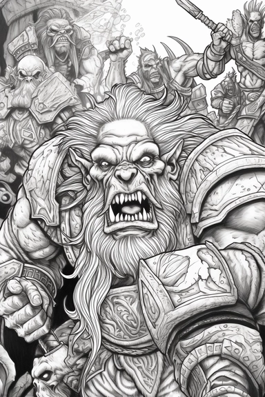 realistic style, bold black lines, fantasy dwarf armies in combat with orcs using axes and hammers hitting themed colouring page, bold black lines, clipart, digital art, colouring page for adults