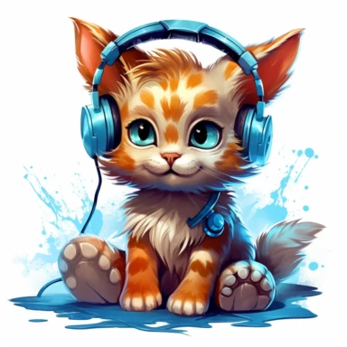 cute kitten listening to music in the style of skottie young, clipart