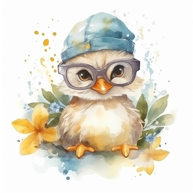Cute duck BABY WITH GLASSES AND CAP, BIG BEAUTIFUL SHINNING EYES, HEAD TWISTED DOWN TO THE SIDE, Watercolor Little Animals Clipart, LEAVES AND TREE , seasonal weather