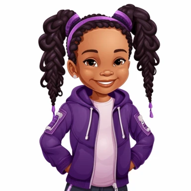 A clipart of a pretty 5 year old black girl with braids and a radiant smile, wearing a black and purple bombers jacket, bright white shirt, and matching accessories, white background - <@1081687901055766579> (fast)