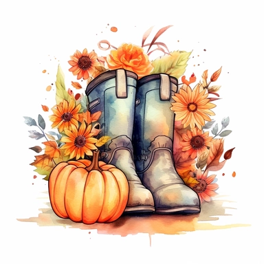 Cowboy Boots Hello Fall Pumpkin Fall Vibes , style by Lucy Fleming, watercolor, smooth gradients, black contour outline, ultra detailed, clipart elements, delicate pastel colors, solid white background, super clear, high quality