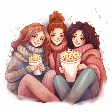 A group of girls cuddled up with popcorn and blankets, ready for a movie marathon clipart