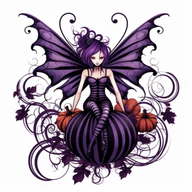 Halloween fairy, clipart, large purple,wings, black white stripes, pumpkin, isolated on white background, in the style of Amy Brown, beautiful fall floral, bright color, crisp lines, chaos 8