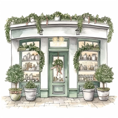Christmas Pharmacie Storefront Clipart , create festive garlands or wreaths on the pharmacy counter. Display holiday-themed health and wellness gift sets. Hang posters promoting winter wellness tips and holiday safety precautions single object ,hand drawn illustration, no shadow, cozy ,soft color , warm ,white background with margins, hand drawn illustration,highly detailed ,white background for removing background