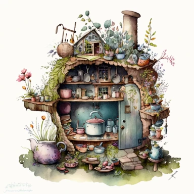 a hyper-detailed illustration watercolor clipart of a whimsical kitchen of a fairy house built out of natural materials by a human,complete kitchen utensil and kitchenware and foods in preparation watercolor illustration, illustration style a combination of Beatrix Potter and Tove Jansson,isolated on white background with margins, cut-out images