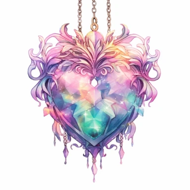 Light watercolor style, Fairycore clipart shimmery, a glittery heart necklace, dreamy aesthetic, pinks, purples, golds, greens, intricate, single object, print on demand image, PNG transparent background, white background for removing background - - no text shadow font watermark, 8k