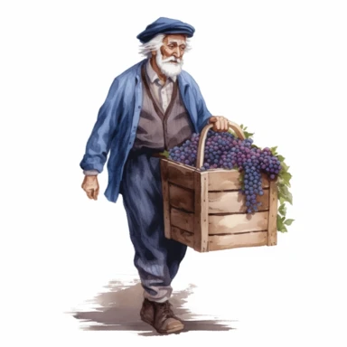 a realistic watercolor of a old man carrying a crate of blueberries, victorian style blueberry academia, blueberry purple nuances, vector free clipart illustration, in the style of unreal engine 5, 32k uhd, detailed features, white background