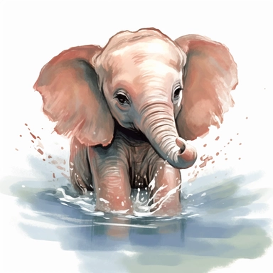 Create a watercolor illustration clipart of a playful cute Baby Elephant Swimming, with its full body visible. Use soft, flowing brushstrokes and a warm, inviting color palette to create an image that is both charming and whimsical. Incorporate intricate details like the motion of Baby Elephant Swimming to create a lifelike, realistic image. Can add other elements to the illustration like related item to play to create playful scene. Use white background to allow the watercolor textures to shine