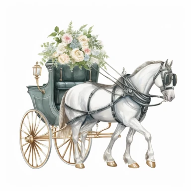 single vintage wedding horse-drawn carriage clipart, in the style of watercolor on a white background