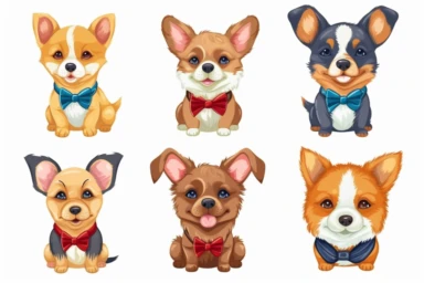 9 sets of a cute baby puppies Munchkin, smile,round face,round head,Wearing a tie,different poses,different breeds, clipart, isolated on white background, spaced out,