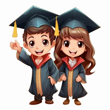 boy and girl wearing a graduation gown and cap, holding a sign of graduates together in clipart cartoon style