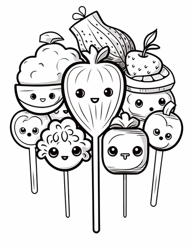 Visualize a kawaii fruit kebab, with cute fruit pieces skewered together. Use a variety to make it look appetizing and healthy! For Simple Coloring page,Big eyes,line art, thick lines, black and white,clipart, illustration, on white background,Detailed,Details