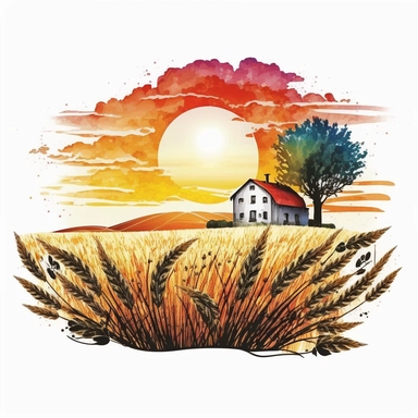 A clipart, A field of wheat crops with a country sunset in the background and a farmhouse, only one clipart, white background, vibrant colors, cartoon,style ghibli, hand drawn, watercolor