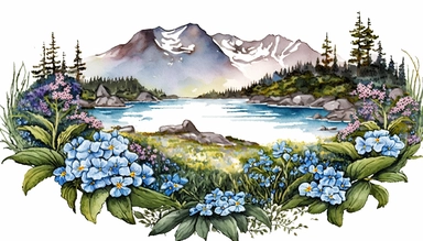 Beautiful landscape scene using the Alaska state flower Forget Me Not. highly detailed watercolor clipart.