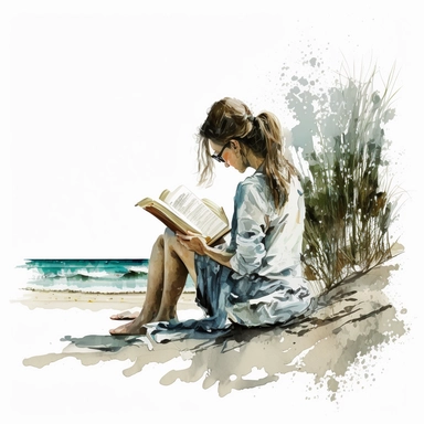 woman reading on the beach, white background, watercolor, hyperrealism, high detail, isolated elements, clipart