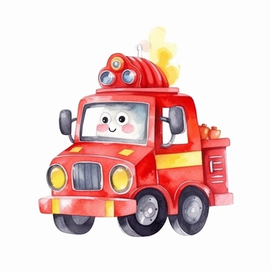 Draw a cartoon of happy cute and tiny Firetruck clipart image, watercolor, illustration children's book, sharp edges, no shadow on background, white background