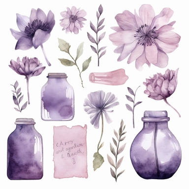 A collection of light purple watercolor cliparts, tag, label, letters, envelope, ticket, stamp, leaf, flower head, bottle, geometric shapes, white background with margins, watercolor, ultrarealistic