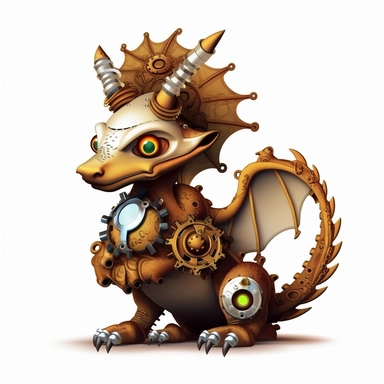 friendly dragon with cute eyes, standing up, in the style of steampunk, clipart, white background, lots of cogs,