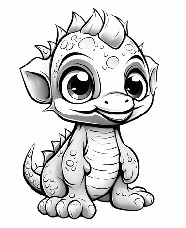 clipart image of a cute dinosaur with big eyes, outline art style, very simple strokes, bold line, coloring book black and white style, white background