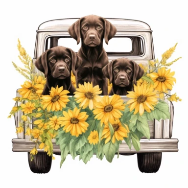 Color hand drawn illustration of black, yellow, and chocolate lab puppies in back of old truck, composition, clipart, surrounded by flowers, in the style of Simply Southern, retro style, clean white background