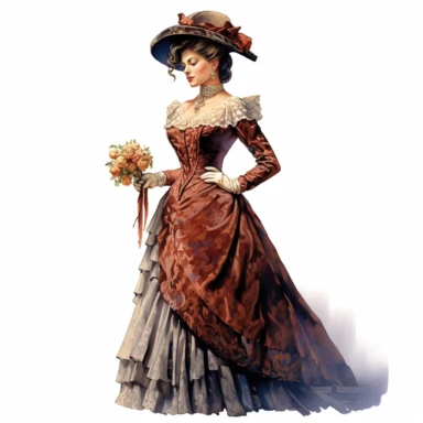 A Victorian lady in a victorian outfit. Her poised expression and magnetic gaze draw you into her world of Victorian splendor. Against a white background, the intricate details of her attire, including the flowing silhouette and intricate drapery, are depicted with exceptional detail and lifelike realism. Clipart, watercolor, white background, intricate detail, unreal engine cinematic smooth