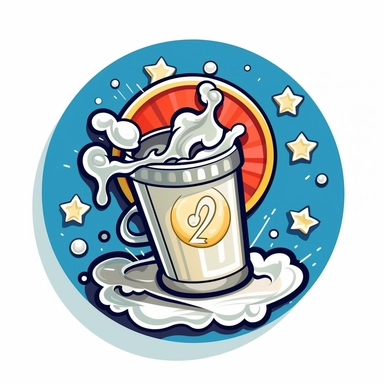 a round logo with a milk carton and milk splash around it on a coin, clip art cartoon style