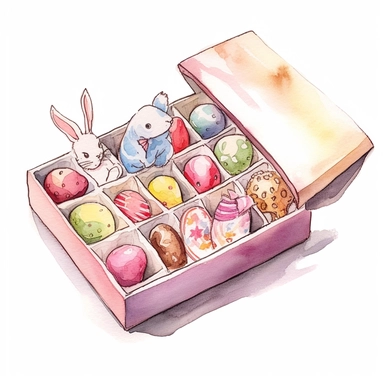 whimsical watercolour cute clip art against a white background Easter themed box of chocolates