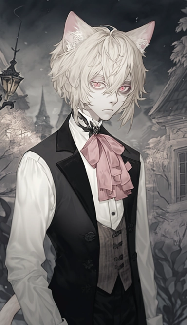 solo, ivory hair, beautiful young boy, decadence, gloomy garden, torches, ikemen, dark skin, hair clip, detailed ornamentation, gray and pink eyes, pink ribbon tie, ivory Modern Mullet hair, ribbon tie ponytail, long bangs, brown shirt, black vest and black pants suit, snow leopard, cat ears, Gothic and antique, botanical art