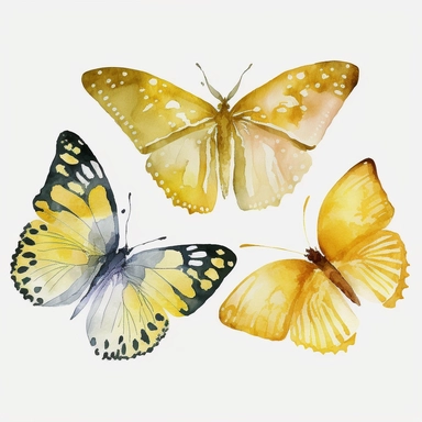 watercolor 3 butterflies clipart, flying 3 butterlies, full yellow, bright color, no outlines, white background, no text