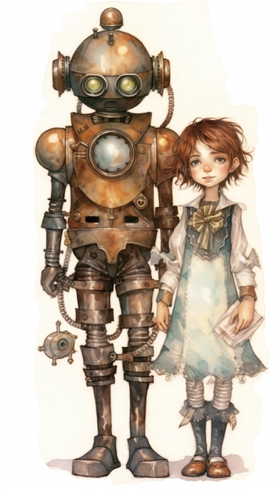 watercolor steampunk boy and steampunk girl entire body with a steampunk robot by their side and holding a cute steampunk doll in her arms, illustration clipart by holly hobbie and mary engelbreit