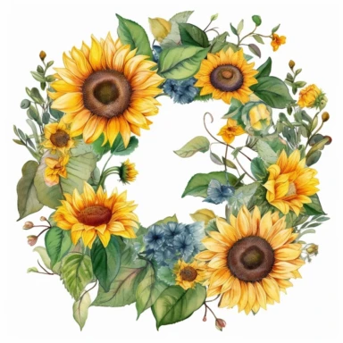 water color sunflower, circle wreath, clipart, flower and leaves, beautiful, detailed, wedding invites, white background