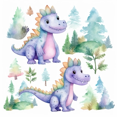 friendly, fluffy watercolor dinosaurs clipart, pastel colors, in the mountains, forest, separated, seamless, transparent background--AR 3:2