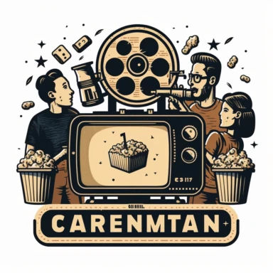 rectangular logo must have all of the following: center contains movie camera or movie theater, surrounded by clip art of people, popcorn, people eating dinner