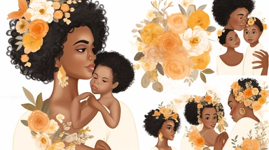 animated clipart bundle african american mother concepts, clipart bundle with beautiful flowers, beautiful faces, beautiful eyes and differential body types and skin tones, harlem Renaissance, Mother's Day White background