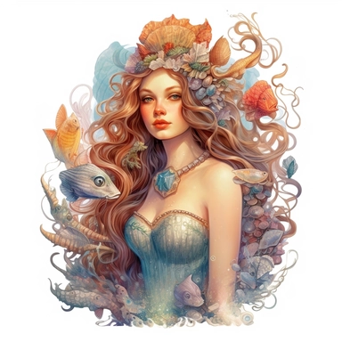beautiful rich Russian style sea mermaid with long hair full body with fish tale, sea stars, sea shells, portrait, super high quality, high resolution, oil painting clipart, natural colors, isolated white background, 8k