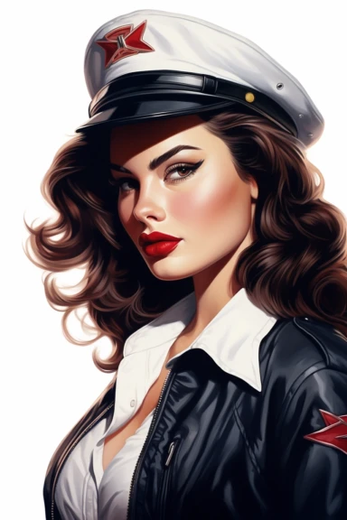 beautiful pretty pin up woman, makeup and hair vintage 50's style, dressed as pilot, paint art style, detail, clipart, white background, superrealistic, one of a kind