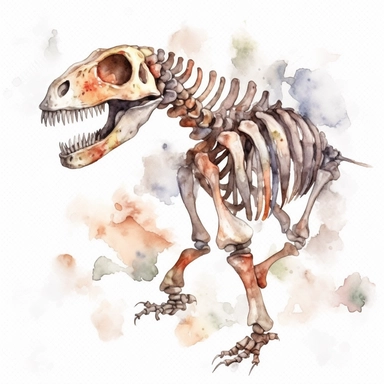 Watercolor dinosaur skeleton clipart, white isolated background, space out, hd