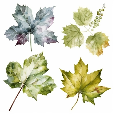 A set of 4 green grape leaf sublimation cliparts, white background, watercolor style, 8k, ultrarealistic, high quality