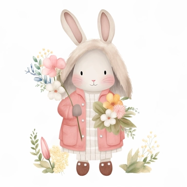 a shy baby Bunny with Flowers Clipart, Peter rabbit, wearing pink coat covered in flowers, Nursery summer Clipart, Easter Clipart, summer Bunny, Crafting Digital Paper, Mother’s Day, white background