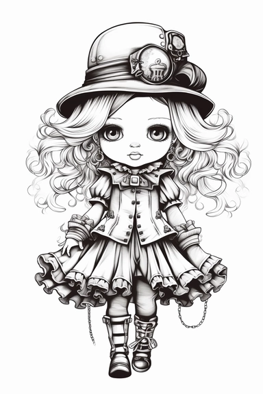 three quarter shot of a hand drawn coloring page vintage steampunk gorgeous european baby girl in a cute dress, clipart, white background