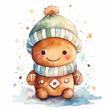 a cute watercolour gingerbread with an happy face and a christmas beanie on drawed in soft colours aquarell cartoon clip art