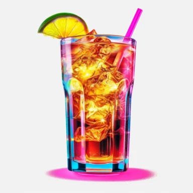Classic long island iced tea cocktail, bold colors, retro neon style, photorealistic, high-resolution photography, transparent background PNG clipart – ar 16:9